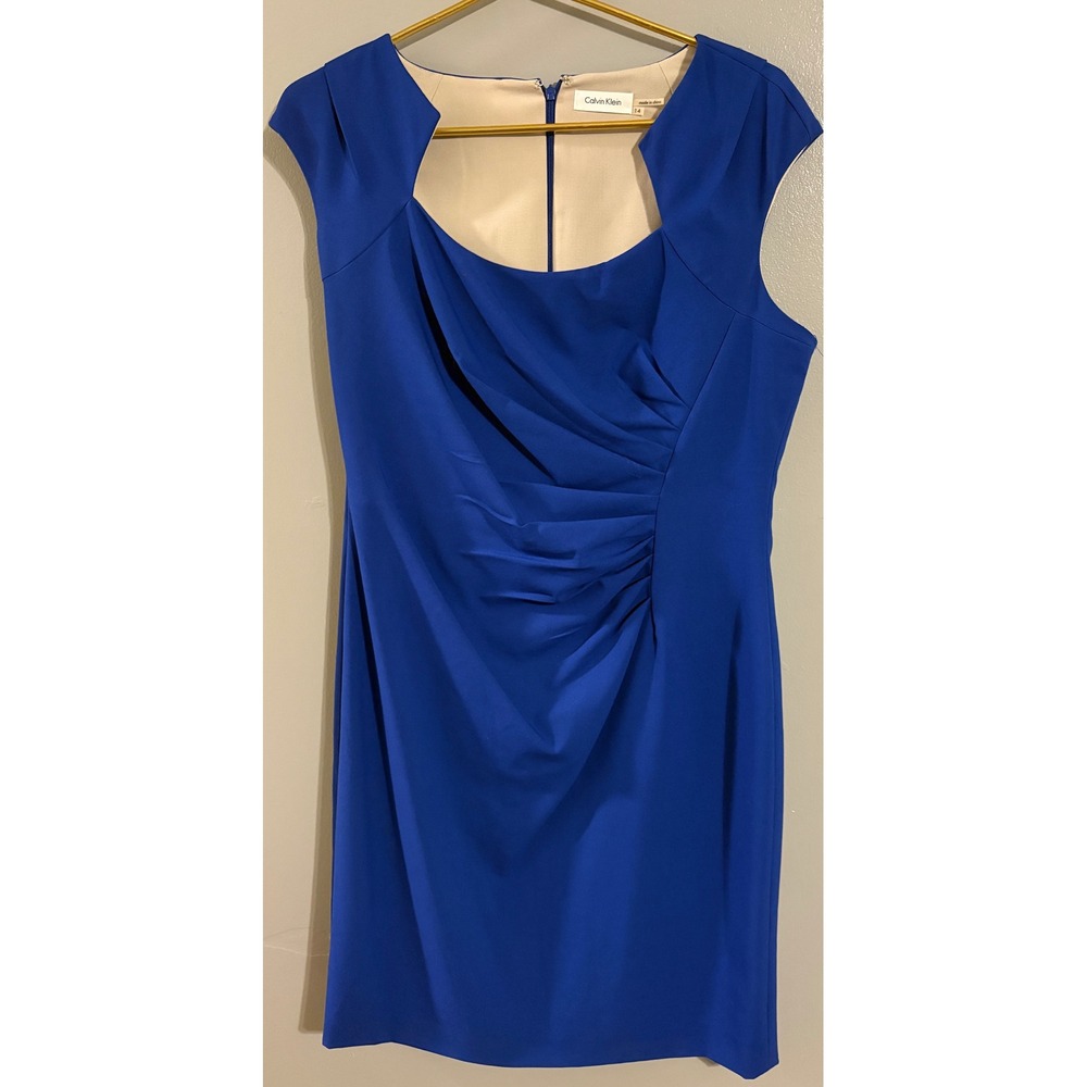 Calvin Klein Womens Royal Blue Ruched Sheath Dress Square Neck Size 14 Cocktail